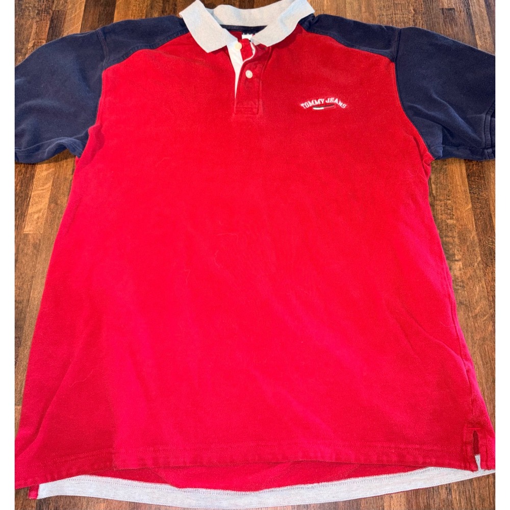 VTg Tommy Jeans Mens Colorblock Polo Shirt Red Navy Blue Grey‎ Size M Cotton